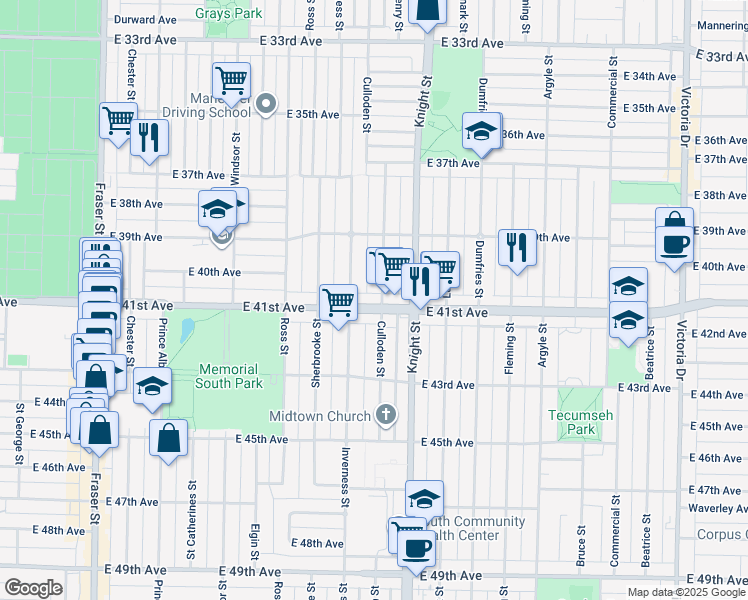 map of restaurants, bars, coffee shops, grocery stores, and more near 1339 East 41st Avenue in Vancouver