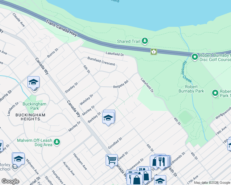 map of restaurants, bars, coffee shops, grocery stores, and more near 7995 Berkley Street in Burnaby