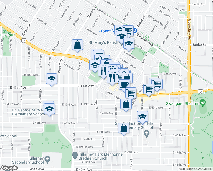 map of restaurants, bars, coffee shops, grocery stores, and more near 5657 Harold Street in Vancouver