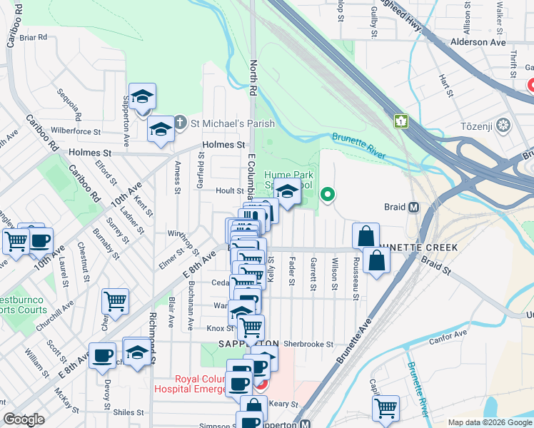 map of restaurants, bars, coffee shops, grocery stores, and more near 523 Kelly Street in New Westminster
