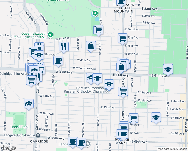 map of restaurants, bars, coffee shops, grocery stores, and more near 26 West 41st Avenue in Vancouver