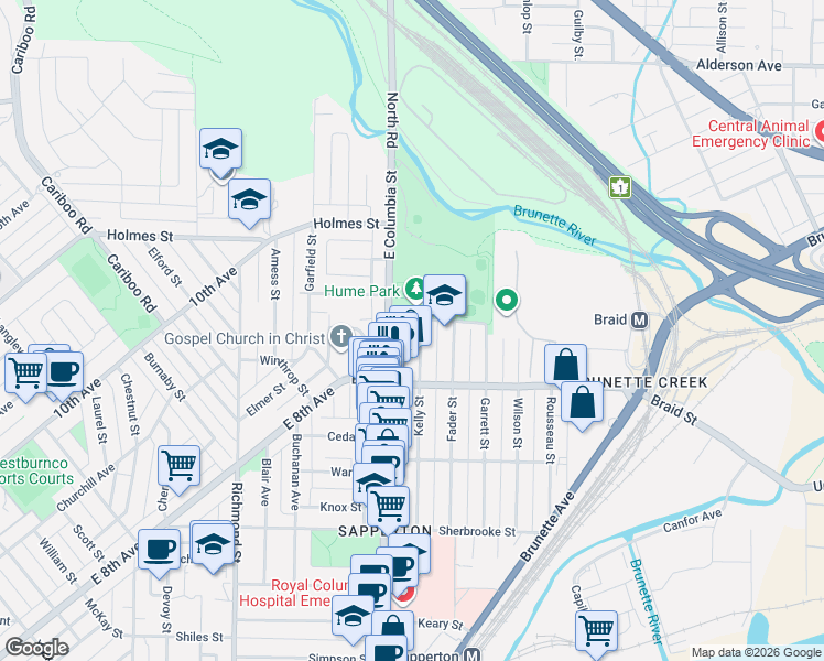map of restaurants, bars, coffee shops, grocery stores, and more near 530 East Columbia Street in New Westminster
