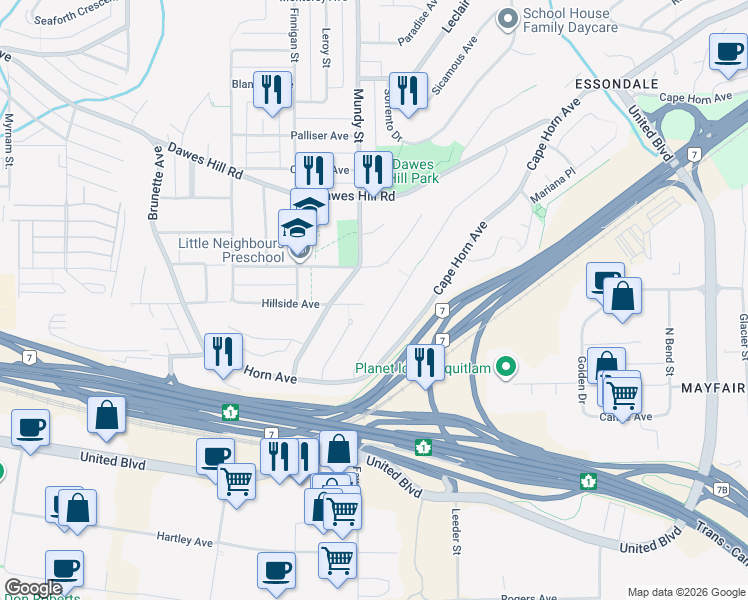 map of restaurants, bars, coffee shops, grocery stores, and more near in Coquitlam