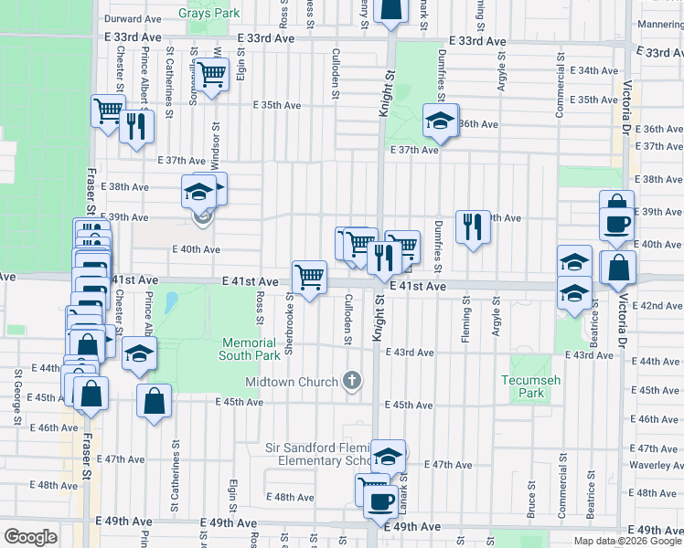 map of restaurants, bars, coffee shops, grocery stores, and more near 1339 East 41st Avenue in Vancouver