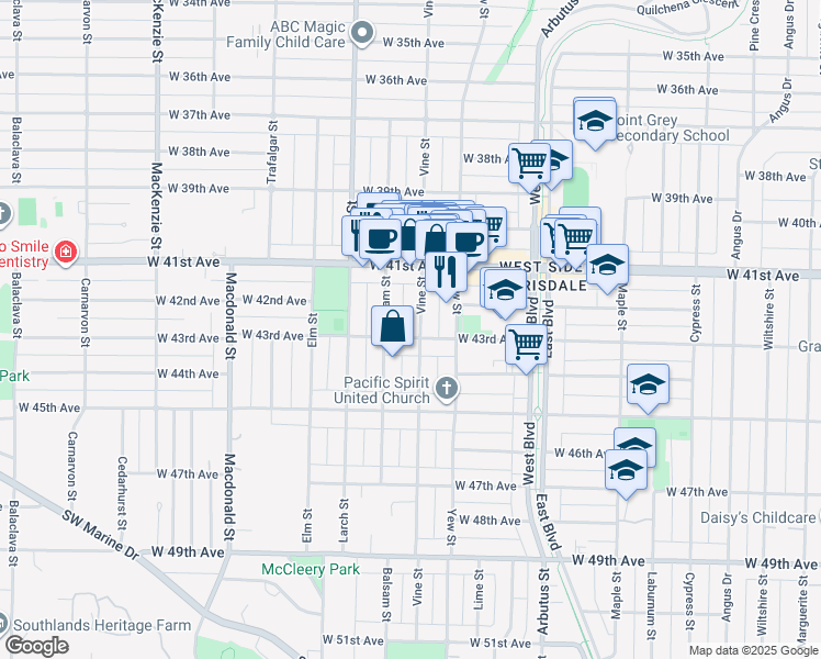 map of restaurants, bars, coffee shops, grocery stores, and more near in Vancouver