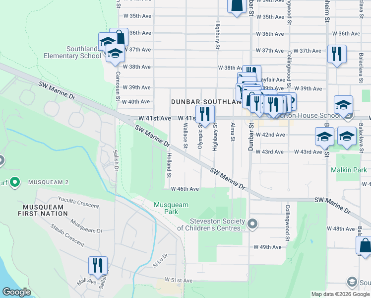 map of restaurants, bars, coffee shops, grocery stores, and more near Wallace Street in Vancouver
