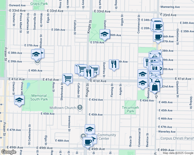 map of restaurants, bars, coffee shops, grocery stores, and more near 5664 Lanark Street in Vancouver