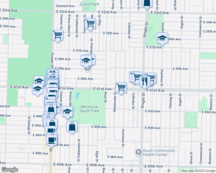 map of restaurants, bars, coffee shops, grocery stores, and more near 1123 East 41st Avenue in Vancouver