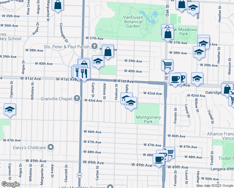 map of restaurants, bars, coffee shops, grocery stores, and more near 5828 Hudson Street in Vancouver