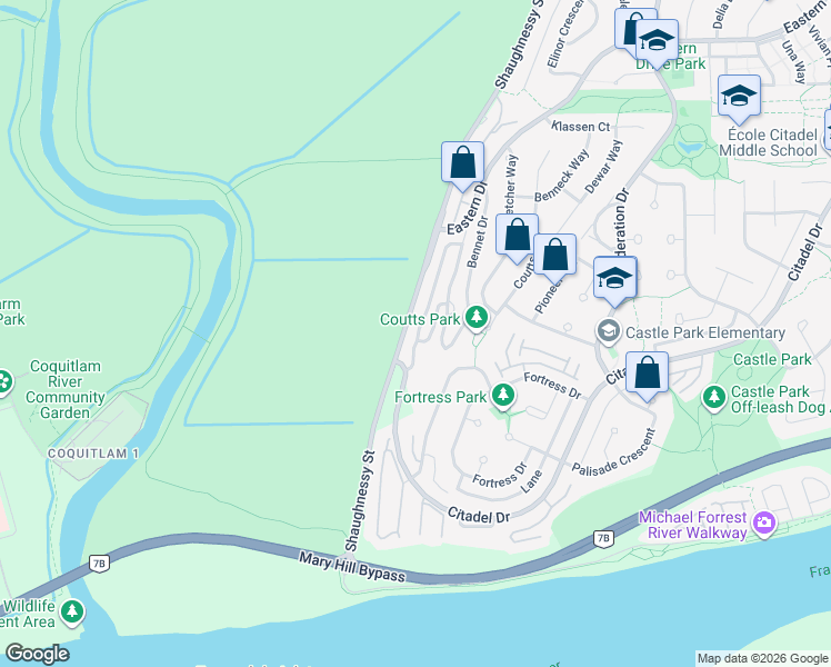 map of restaurants, bars, coffee shops, grocery stores, and more near 1115 O'Flaherty Gate in Port Coquitlam