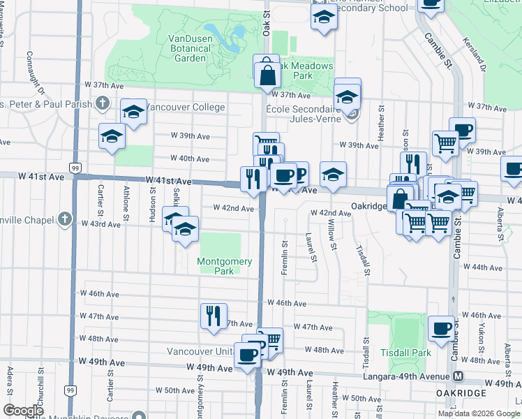 map of restaurants, bars, coffee shops, grocery stores, and more near Oak Street in Vancouver