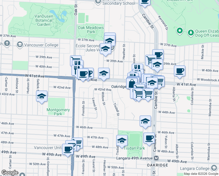 map of restaurants, bars, coffee shops, grocery stores, and more near 765 West 42nd Avenue in Vancouver
