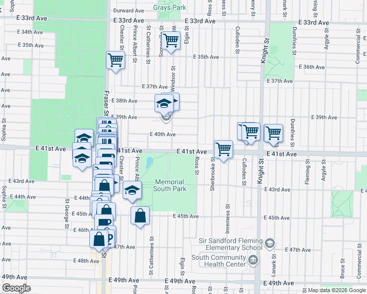 map of restaurants, bars, coffee shops, grocery stores, and more near 1047 East 41st Avenue in Vancouver