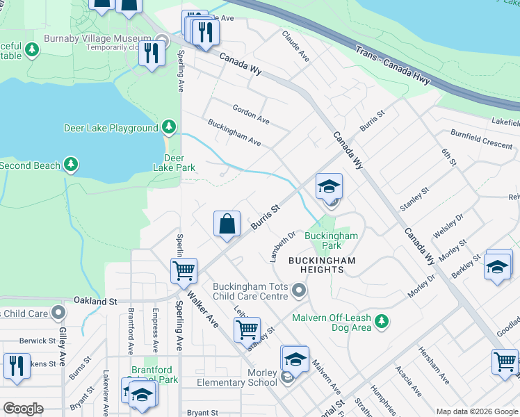 map of restaurants, bars, coffee shops, grocery stores, and more near 5890 Braemar Avenue in Burnaby