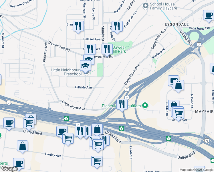 map of restaurants, bars, coffee shops, grocery stores, and more near 2217 Hillside Avenue in Coquitlam