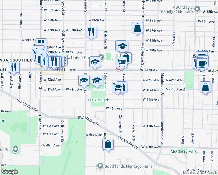 map of restaurants, bars, coffee shops, grocery stores, and more near 3161 West 43rd Avenue in Vancouver