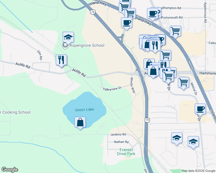 map of restaurants, bars, coffee shops, grocery stores, and more near 6648 Valleyview Drive in Nanaimo