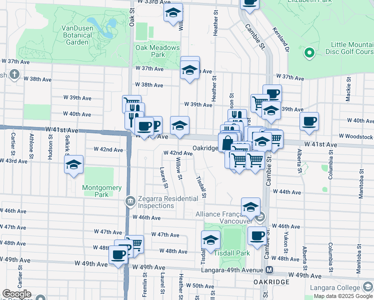 map of restaurants, bars, coffee shops, grocery stores, and more near 765 West 42nd Avenue in Vancouver