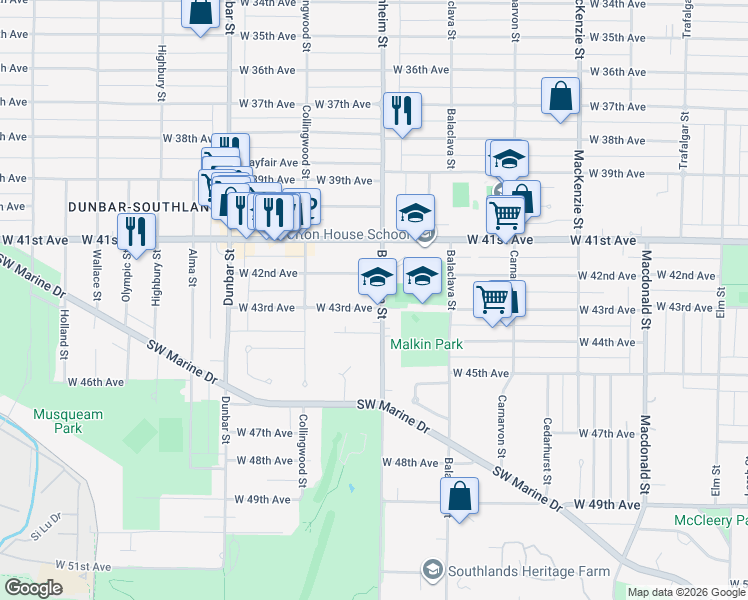 map of restaurants, bars, coffee shops, grocery stores, and more near 5887 Blenheim Street in Vancouver