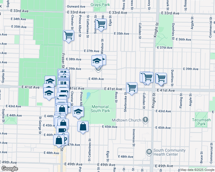 map of restaurants, bars, coffee shops, grocery stores, and more near 1039 East 41st Avenue in Vancouver