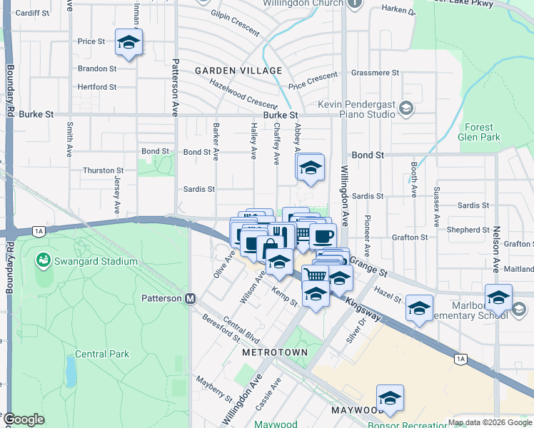 map of restaurants, bars, coffee shops, grocery stores, and more near 5695 Chaffey Avenue in Burnaby