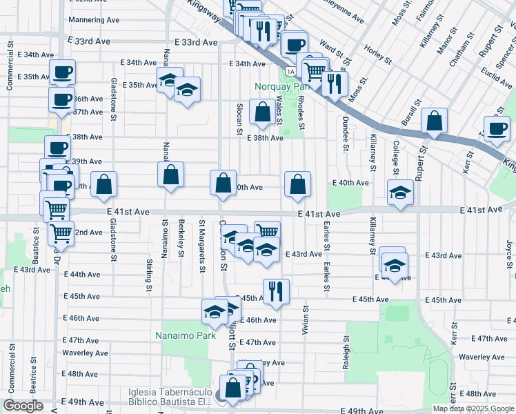 map of restaurants, bars, coffee shops, grocery stores, and more near 2627 East 41st Avenue in Vancouver