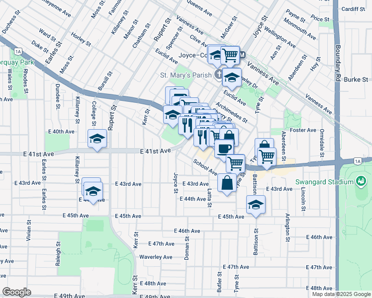 map of restaurants, bars, coffee shops, grocery stores, and more near 5588 Joyce Street in Vancouver