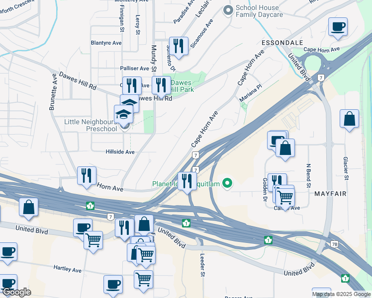 map of restaurants, bars, coffee shops, grocery stores, and more near 2267 Cape Horn Avenue in Coquitlam