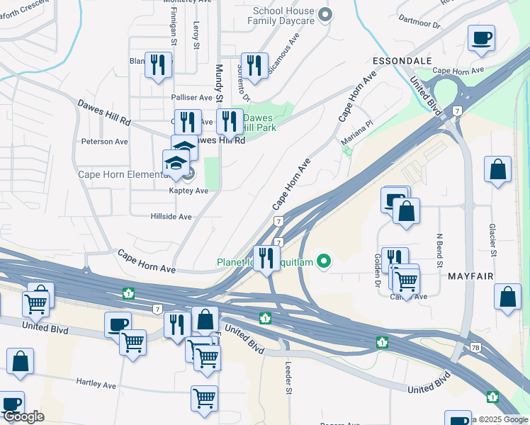 map of restaurants, bars, coffee shops, grocery stores, and more near 2267 Cape Horn Avenue in Coquitlam
