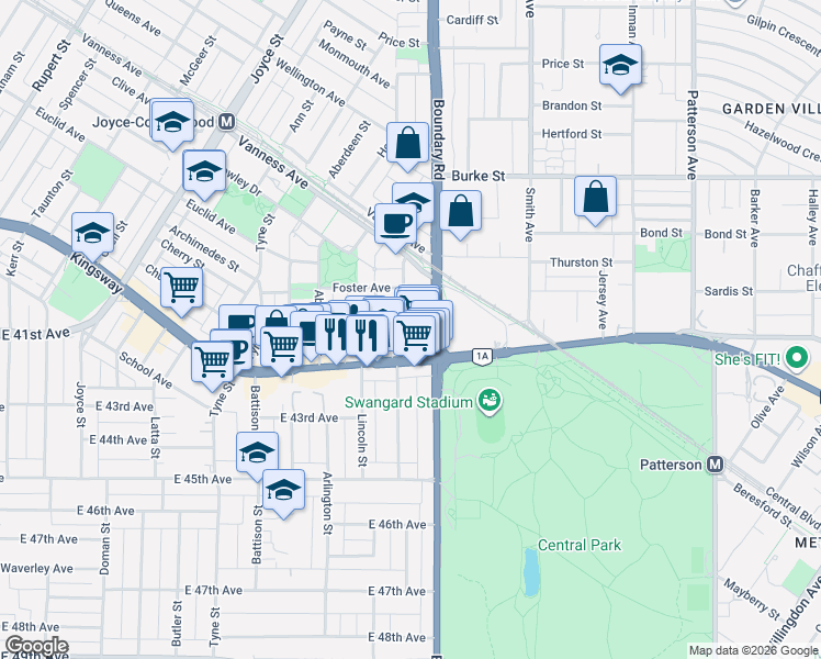 map of restaurants, bars, coffee shops, grocery stores, and more near 5598 Ormidale Street in Vancouver