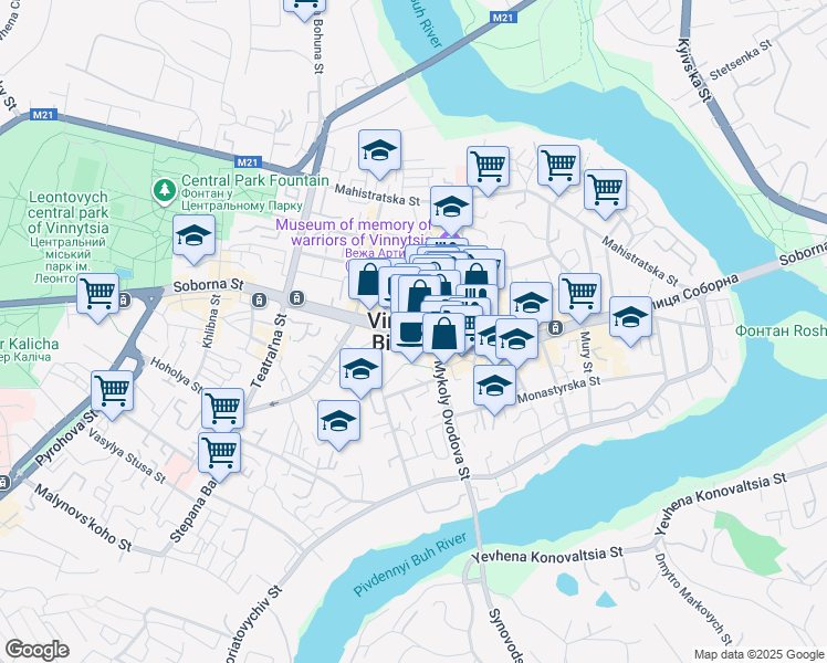map of restaurants, bars, coffee shops, grocery stores, and more near in Vinnytsia
