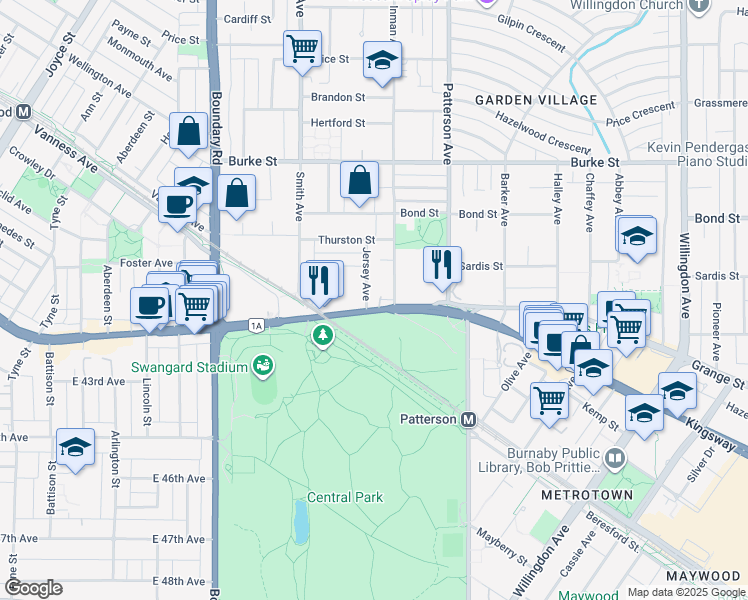 map of restaurants, bars, coffee shops, grocery stores, and more near 3953 Kingsway in Burnaby