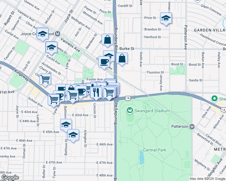map of restaurants, bars, coffee shops, grocery stores, and more near 3665 Kingsway in Vancouver