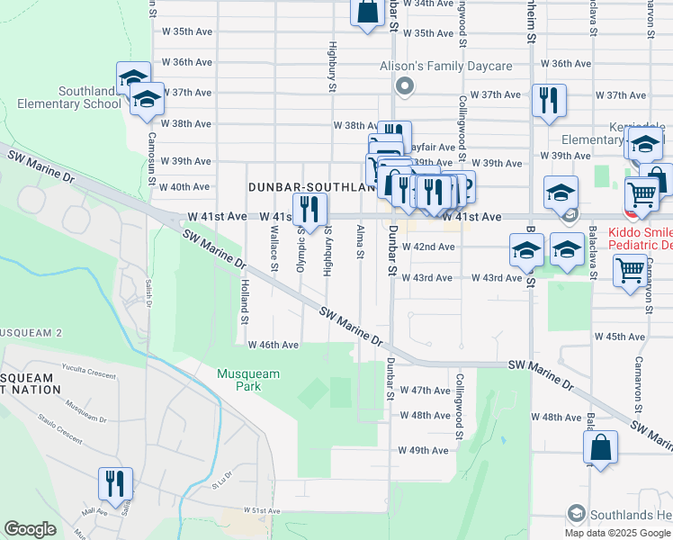 map of restaurants, bars, coffee shops, grocery stores, and more near 5876 Highbury Street in Vancouver