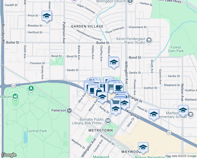 map of restaurants, bars, coffee shops, grocery stores, and more near 5695 Chaffey Avenue in Burnaby