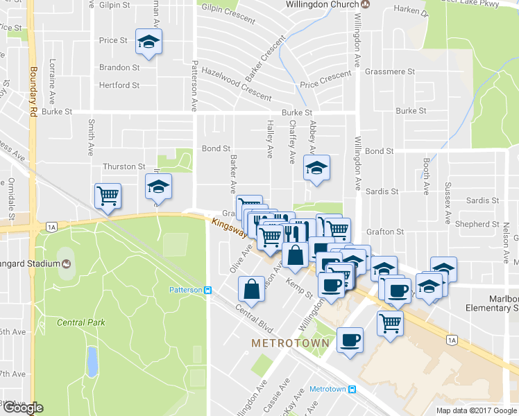 map of restaurants, bars, coffee shops, grocery stores, and more near 21 Halley Avenue in Burnaby