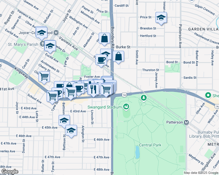 map of restaurants, bars, coffee shops, grocery stores, and more near 3665 Kingsway in Vancouver