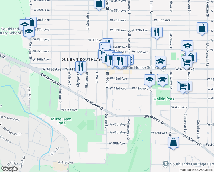 map of restaurants, bars, coffee shops, grocery stores, and more near 5869 Dunbar Street in Vancouver