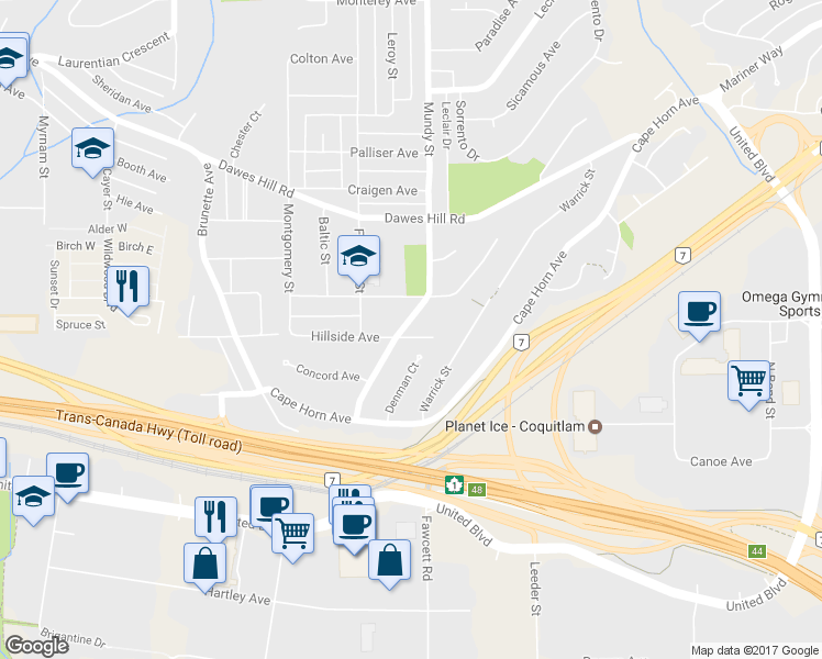 map of restaurants, bars, coffee shops, grocery stores, and more near 2181 Hillside Avenue in Coquitlam