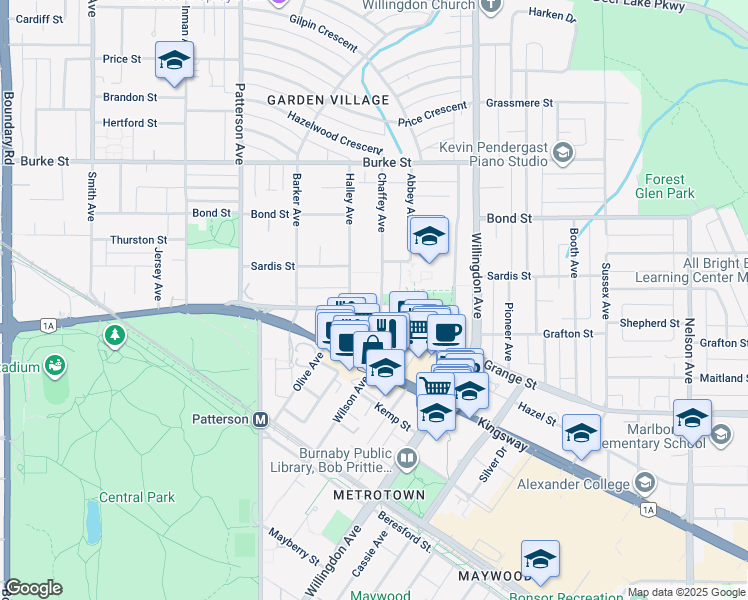 map of restaurants, bars, coffee shops, grocery stores, and more near 5695 Chaffey Avenue in Burnaby