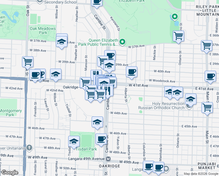map of restaurants, bars, coffee shops, grocery stores, and more near 5750 Cambie Street in Vancouver