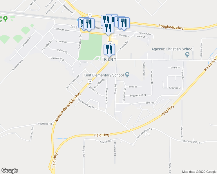 map of restaurants, bars, coffee shops, grocery stores, and more near 1578 Canterbury Drive in Agassiz