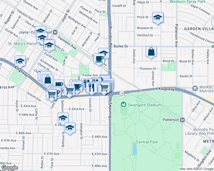 map of restaurants, bars, coffee shops, grocery stores, and more near 5665 Boundary Road in Vancouver