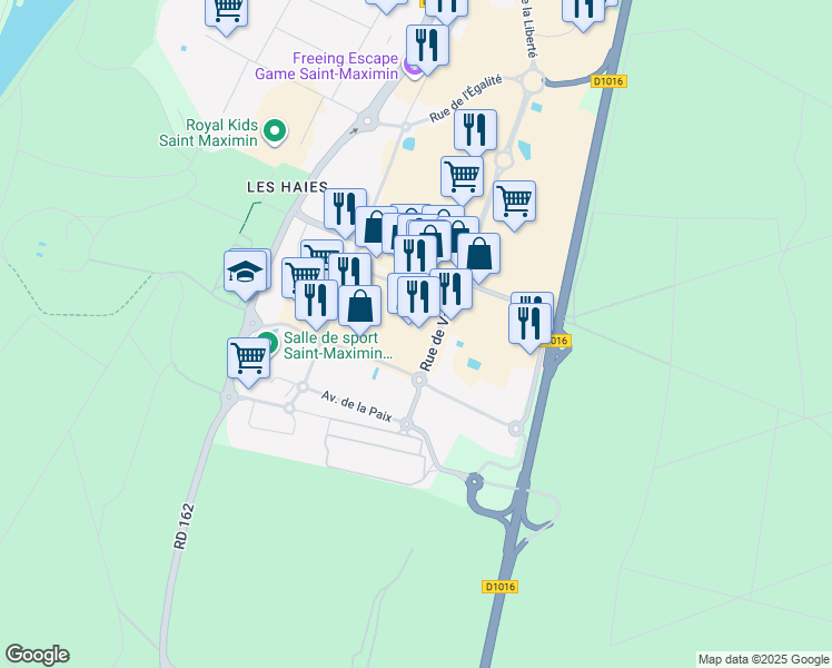 map of restaurants, bars, coffee shops, grocery stores, and more near 201 Rue des Girondins in Saint-Maximin