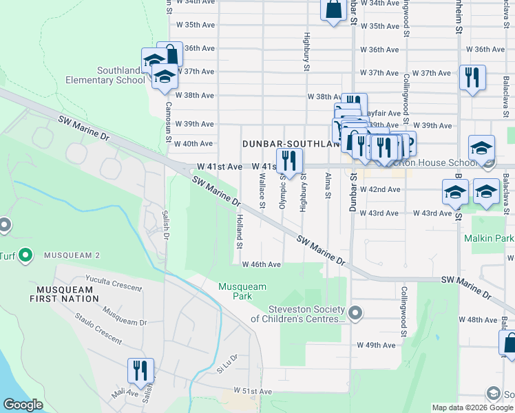 map of restaurants, bars, coffee shops, grocery stores, and more near 5883 Wallace Street in Vancouver