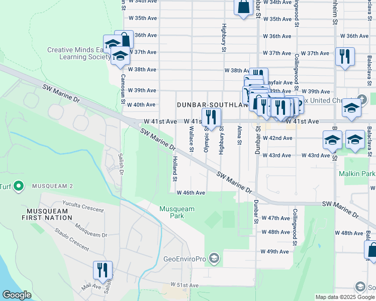 map of restaurants, bars, coffee shops, grocery stores, and more near 5883 Wallace Street in Vancouver