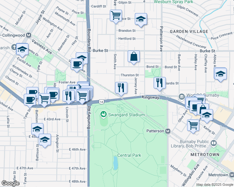 map of restaurants, bars, coffee shops, grocery stores, and more near 5720 Smith Avenue in Burnaby