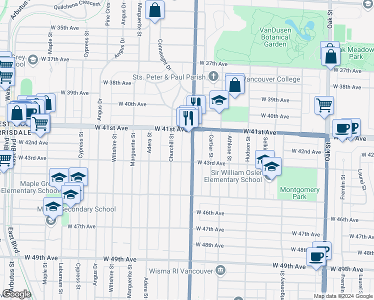 map of restaurants, bars, coffee shops, grocery stores, and more near 5829 Granville Street in Vancouver