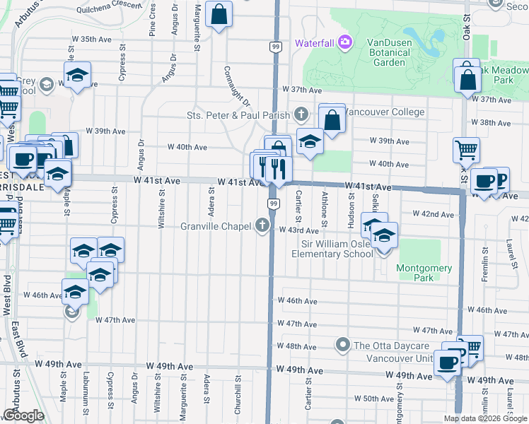 map of restaurants, bars, coffee shops, grocery stores, and more near 5829 Granville Street in Vancouver