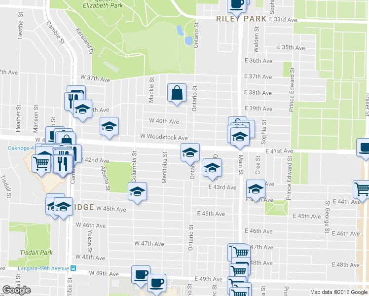 map of restaurants, bars, coffee shops, grocery stores, and more near 38 West 41st Avenue in Vancouver